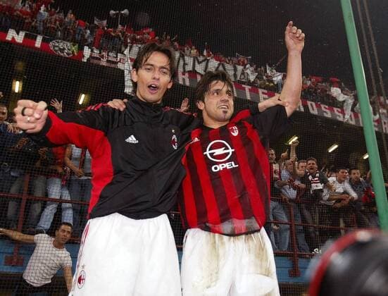 Filippo Inzaghi (li.) und Gennaro Gattuso (beide Milan) Fußball EC 1 Herren Champions League 2002 2003, AC Mailand, Halbfinale, Vdig Gruppe Mailand Freude,