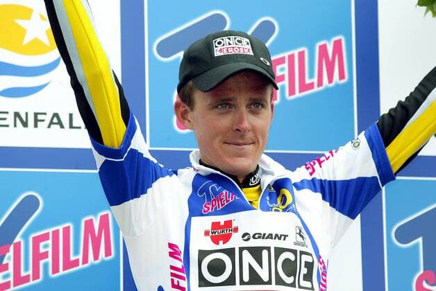 Jörg Jaksche (Deutschland ONCE-Eroski) im Bergtrikot Radsport Herren Deutschlandtour 2003, Deutschland-Tour, Deutschlandrundfahrt, Rundfahrt, Straßenradsport, Rad, Vdig Einzelbild 5. Etappe, Ravensburg - Feldberg Begeisterung, Freude,