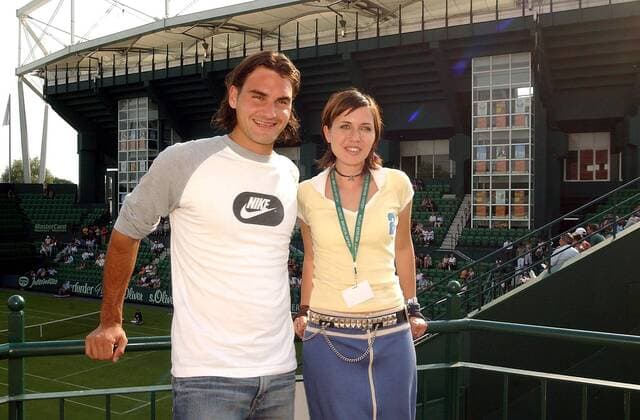 Roger Federer (Schweiz) und Sängerin Mia Aegerter (beide Schweiz) Tennis Herren Gerry Weber Open 2003, ATP-Tour Gruppe Halle