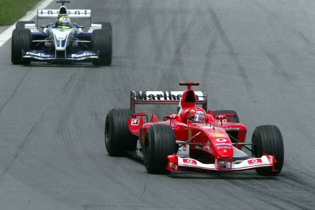 Michael Schumacher (Ferrari), verfolgt von Ralf Schumacher (beide Deutschland BMW-Williams) Motorsport Grand Prix Herren Großer Preis von Kanada 2003, Formel 1 Weltmeisterschaft, F1, F, GP, WM, Vdig Gruppe Montreal