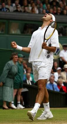 Roger Federer (Schweiz) jubelt Tennis Herren All England Championships 2003, Grand Slam, ATP-Tour, Halbfinale, Vdig Einzelbild Wimbledon London Glück, Begeisterung, Freude,