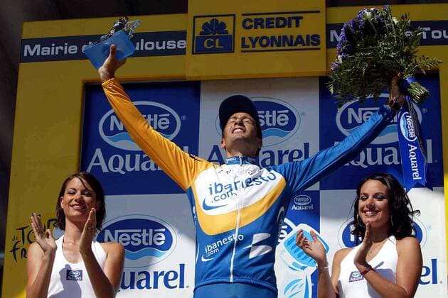 Juan Antonio Flecha (Spanien iBanesto.com) jubelt über seinen Etappensieg Radsport Herren Tour de France 2003, Straßenradsport, Straße, Rad Gruppe 11. Etappe: Narbonne - Toulouse Freude, Begeisterung,  