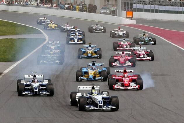 Start zum Großen Preis von Kanada 2003: Ralf Schumacher (Deutschland) führt das Fahrerfeld vor Juan Pablo Montoya (li., Kolumbien beide BMW-Williams) und Michael Schumacher (Deutschland Ferrari) an Motorsport Grand Prix Herren Großer Preis von Kanada 2003, Formel 1 Weltmeisterschaft, F1, F, GP, WM, Vdig Totale Montreal Dynamik, Spannung