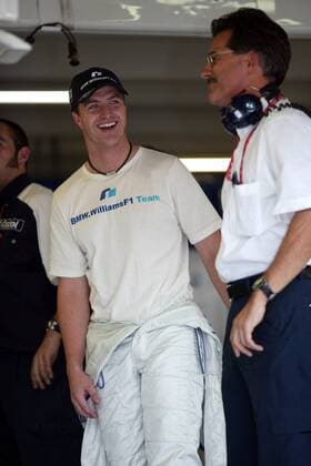 Ralf Schumacher (li., BMW-Williams) und BMW-Motorsportchef Dr. Mario Theissen (beide Deutschland) haben gut lachen Motorsport Grand Prix Herren Großer Preis von Deutschland 2003, Formel 1 Weltmeisterschaft, F1, F, GP, WM, Qualifying, Vdig Gruppe Hockenheimring Hockenheim Freude,
