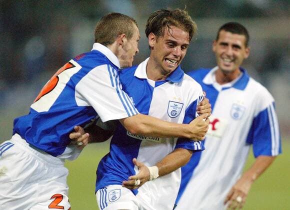 Richard Nunez (re.) und Stephan Lichtsteiner (beide Zürich) - Torjubel Fußball EC 1 Herren Champions League Qualifikation 2003 2004, Grasshopper Club Zürich, Vdig Gruppe Zürich Freude,