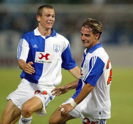 Richard Nunez (re.) und Stephan Lichtsteiner (beide Zürich) - Torjubel Fußball EC 1 Herren Champions League Qualifikation 2003 2004, Grasshopper Club Zürich, Vdig Gruppe Zürich Freude,