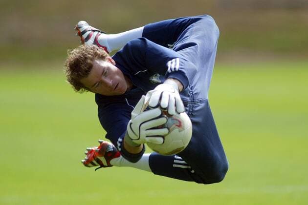 Torwart Jens Lehmann (Deutschland) - Flugeinlage Fußball Herren Nationalmannschaftstraining 2003, Nationalmannschaft, Nationalteam, Training, Einzelbild Ruit bei Stuttgart Dynamik,