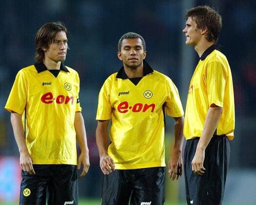 Tomas Rosicky (li.), Marcio Amoroso (Mitte) und Sebastian Kehl (alle BVB) enttäuscht Fußball EC 1 Herren Champions League Qualifikation 2003 2004, Borussia Dortmund, Gruppe Dortmund Enttäuschung,