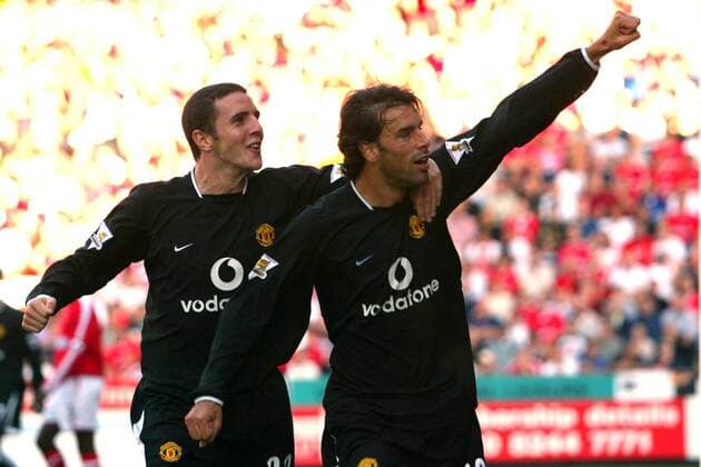 Ruud van Nistelrooy (re.) und John O Shea (beide ManU) - Torjubel Fußball Herren English Premier League 2003 2004, 1. Englische Liga, Charlton - Manchester United 0:2 Gruppe Charlton Freude,