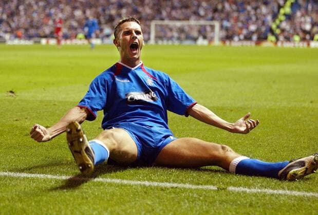 Peter Lövenkrands (Glasgow Rangers) - Torjubel Fußball EC 1 Herren Champions League 2003 2004, Glasgow Rangers FC, Scottish Premier League, 1. Schottische Liga Einzelbild Glasgow Glück Freude, Begeisterung,