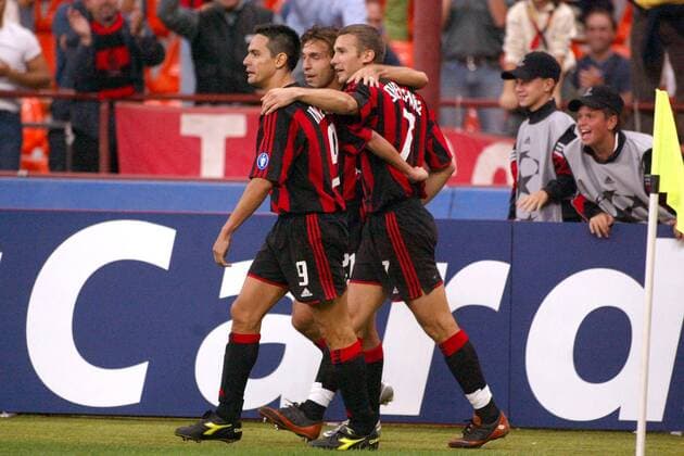 Torjubel Milan, v. li.: Filippo Inzaghi, Andrea Pirlo und Andrej Schewtschenko Fußball EC 1 Herren Champions League 2003 2004, AC Mailand Gruppe Mailand Freude,