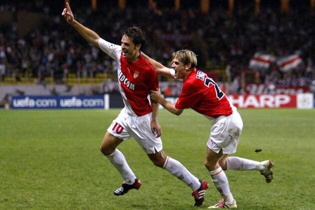 Fernando Morientes (li.) und Jerome Rothen (beide Monaco) - Torjubel Fußball EC 1 Herren Champions League 2003 2004, AS Monaco, Gruppe Monte Carlo Freude, Begeisterung,  