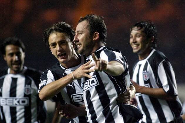 Torschütze Sergen Yalcin (vorn) und Okan Koc (beide Besiktas) - Torjubel Fußball EC 1 Herren Champions League 2003 2004, Besiktas Istanbul, Vdig Gruppe London Freude,
