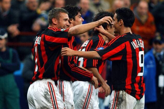 Andrej Schewtschenko (li.) und Filippo Inzaghi (beide Milan) - Torjubel Fußball Herren Serie A 2003 2004, 1. Italienische Liga, AC Mailand Gruppe Mailand Begeisterung, Freude,