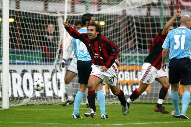 Torschütze Andrea Pirlo (Milan, li.) - Torjubel Fußball Herren Serie A 2003 2004, 1. Italienische Liga, AC Mailand - Lazio Rom 1:0 Gruppe Mailand Freude, Begeisterung,