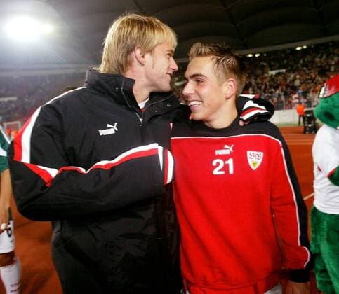 Torwart Timo Hildebrand (li.) und Philipp Lahm (beide Stuttgart) gut gelaunt nach Spielende Fußball EC 1 Herren Champions League 2003 2004, VfB Stuttgart, Vdig Gruppe Stuttgart Freude,