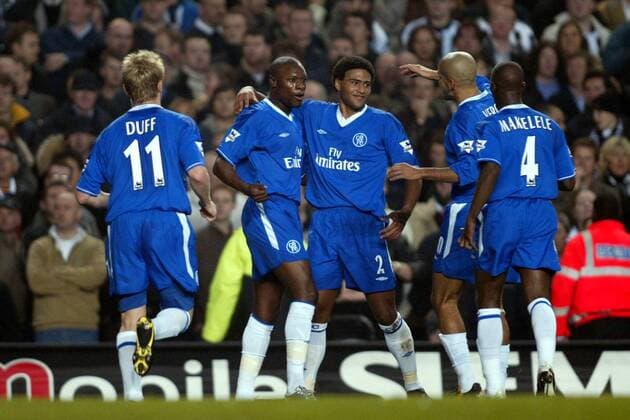 Torjubel Chelsea, v.li.: Damien Duff, William Gallas, Glen Johnson, Juan Sebastian Veron und Claude Makelele Fußball Herren English Premier League 2003 2004, 1. Englische Liga, FC Chelsea Gruppe London Freude,  