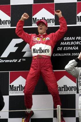 Sieger Michael Schumacher (Deutschland Ferrari) jubelt ausgelassen Motorsport Grand Prix Herren Großer Preis von Spanien 2002, Formel 1 Weltmeisterschaft, F1, F, GP, WM, Vdig Einzelbild Circuit de Catalunya Barcelona Freude, Begeisterung,