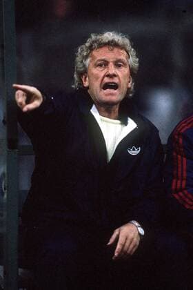 Trainer Karlheinz Feldkamp (Uerdingen) gibt lautstark Anweisungen Fußball 1. BL Herren Saison 1986 1987, Bayer 05 Uerdingen, Vdia Einzelbild Krefeld Ungeduld,