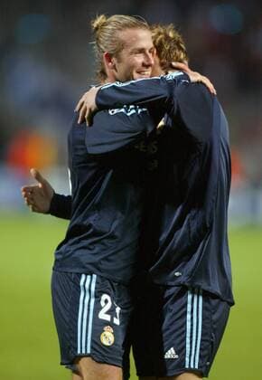 David Beckham (re.) und Guti (beide Real Madrid) - Torjubel Fußball EC 1 Herren Champions League 2003 2004, Marseille - Real Madrid 1:2, Gruppe Marseille Freude,  