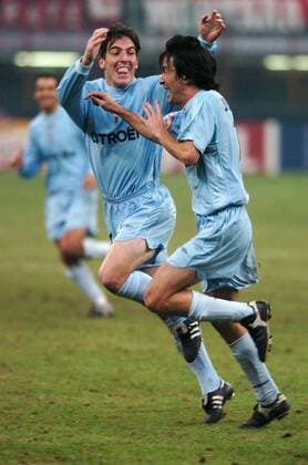 Jose Ignacio (re.) und Eduardo Berizzo (beide Celta Vigo) - Torjubel Fußball EC 1 Herren Champions League 2003 2004, Mailand - RC Celta de Vigo 1:2, Vdig Gruppe Mailand Freude, Begeisterung,