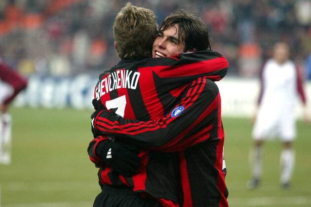 Kaka (re.) und Andrej Schewtschenko (beide Milan) - Torjubel Fußball EC 1 Herren Champions League 2003 2004, Achtelfinale, AC Mailand, Ricardo Izecson Santos Leite, Gruppe Mailand Glück, Freude,