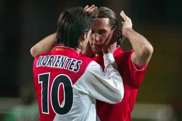 Dado Prso (re.) und Fernando Morientes (Monaco) - Torjubel Fußball EC 1 Herren Champions League 2003 2004, Achtelfinale, AS Monaco, Gruppe Monaco Freude,  