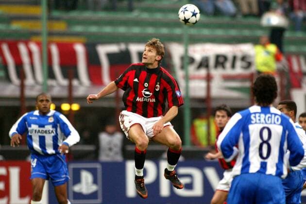 Andrej Schewtschenko (Milan) - Kopfball Fußball EC 1 Herren Champions League 2003 2004, AC Mailand - Deportivo La Coruna 4:1, Viertelfinale, Vdig Einzelbild Mailand Dynamik, Höhe,