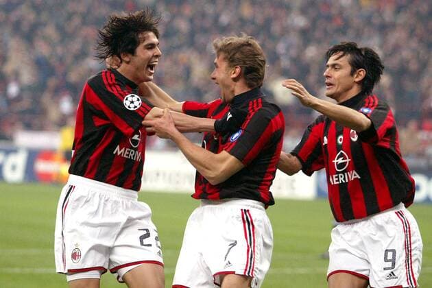 Torjubel Milan v. li.: Kaka, Andrej Schewtschenko und Filippo Inzaghi Fußball EC 1 Herren Champions League 2003 2004, AC Mailand, Viertelfinale, Vdig Gruppe Mailand Freude, Begeisterung,