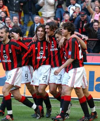 Torjubel Milan, v.li.: Giuseppe Pancaro, Inzaghi, Andrea Pirlo, Paolo Maldini, Schewtschenko und Kaka Fußball Herren Serie A 2003 2004, 1. Italienische Liga, AC Mailand, Vdig Gruppe Mailand Freude,