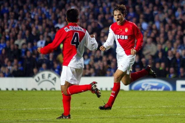 Fernando Morientes (re.) und Hugo Benjamin Ibarra (beide Monaco) - Torjubel Fußball EC 1 Herren Champions League 2003 2004, Halbfinale, AS Monaco, Vdig Gruppe London Freude, Begeisterung,  