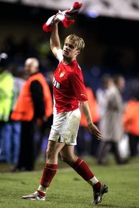 Jerome Rothen (Monaco) - Schlußjubel Fußball EC 1 Herren Champions League 2003 2004, Halbfinale, AS Monaco, Vdig Einzelbild London Freude, Begeisterung,  