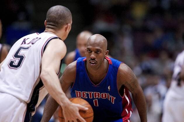 Chauncey Billups (Detroit Pistons, re.) konzentriert sich auf seinen Gegenspieler Basketball Herren NBA Eastern Conference Finals 2003 2004, Halbfinale, New Jersey Nets - Detroit Pistons 82:64 Gruppe New Jersey Konzentration,