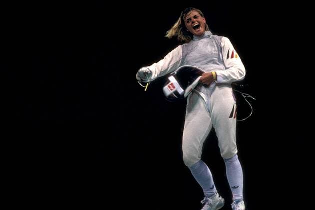 Anja Fichtel-Mauritz (Deutschland) begeistert über Platz 3 in Atlanta 1996 Fechten OS Sommer Damen Olympische Sommerspiele 1996, Olympia, Olympiade, Spiele, Fechten, Florett, Florettfechten, Vdia Einzelbild Atlanta Freude, Begeisterung,