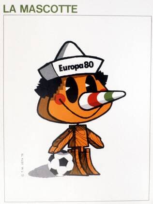 Pinocchio - das offizielle Maskottchen der Europameisterschaft 1980 in Italien Fußball EM Herren Europameisterschaft 1980, Vdig Einzelbild