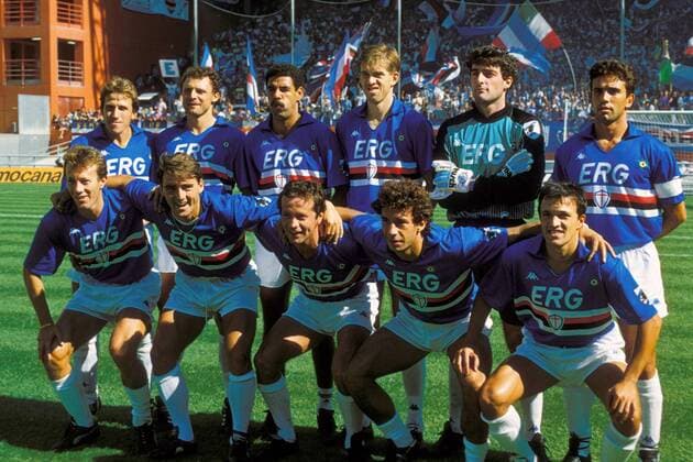Mannschaftsfoto Sampdoria, hi.v.li.: Victor Munoz Manrique, Pietro Vierchowod, Toninho Cerezo, Srecko Katanec, Torwart Gianluca Pagliuca, Luca Pellegrini; vorn: Moreno Mannini, Roberto Mancini, Giuseppe Dossena, Gianluca Vialli, Fausto Pari Fußball Herren Serie A 1989 1990, 1. Italienische Liga, Sampdoria Genua Totale Genua