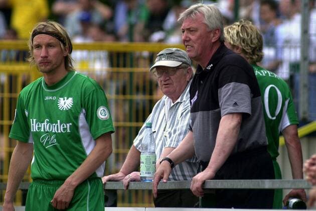 Roy Nischkowski (li.) und Trainer Hans-Werner Moors (beide Münster) Fußball Herren Regionalliga Nord 2003 2004, 3. Liga, Paderborn - Preußen Münster 2:2, Vdig Gruppe Paderborn