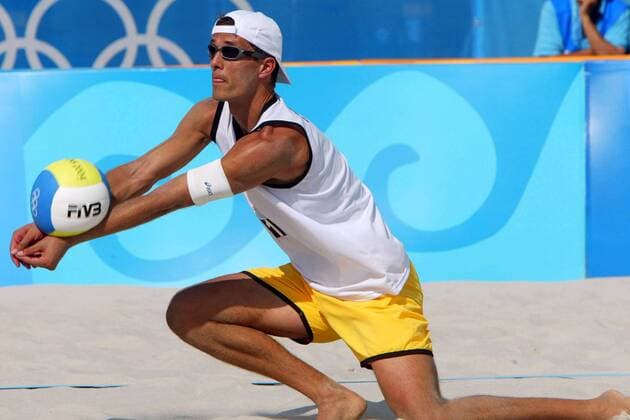 Andreas Scheuerpflug (Deutschland) - Feldabwehr Beachvolleyball OS Sommer Herren Olympische Sommerspiele Athen 2004, Olympia, Olympiade, Spiele, Beach Einzelbild Faliro, Faliron Dynamik,