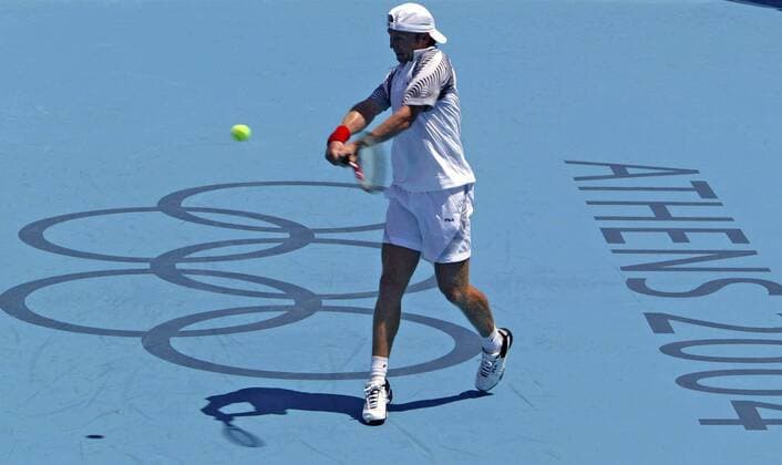 Rainer Schüttler (Deutschland) - beidhändige Rückhand Tennis OS Sommer Herren Olympische Sommerspiele Athen 2004, Olympia, Olympiade, Spiele, Vdig Einzelbild Maroussi Dynamik,