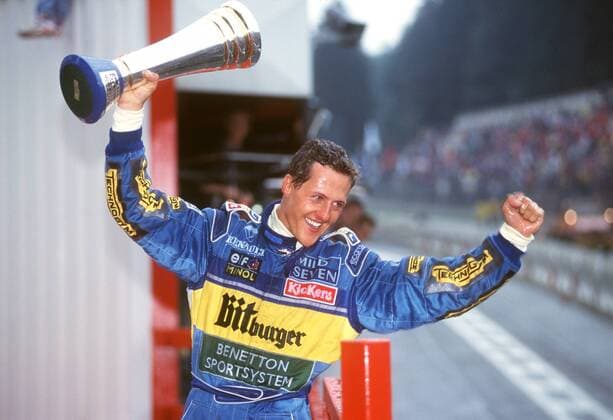 Michael Schumacher (Deutschland Benetton Renault) gewinnt den Großen Preis von Belgien 1995 Motorsport Grand Prix Herren Großer Preis von Belgien 1995, Formel 1 Weltmeisterschaft, F1, F, GP, WM, Vdig Einzelbild Spa-Francorchamps Freude,