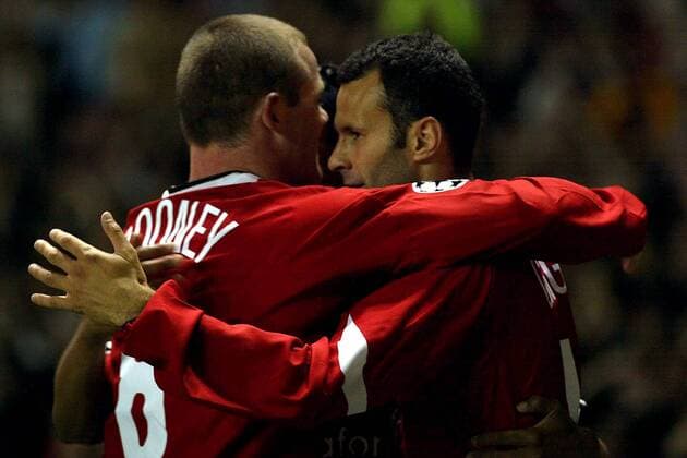 Ryan Giggs (re.) und Wayne Rooney (beide Manchester United) - Torjubel Fußball EC 1 Herren Champions League 2004 2005, Manchester United, ManU, Gruppe Manchester Freude,