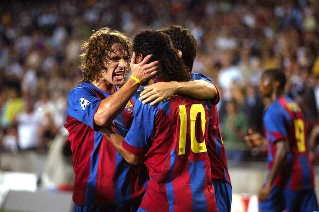 Carles Puyol (li.) und Ronaldinho (beide FC Barcelona) - Torjubel Fußball EC 1 Herren Champions League 2004 2005, FC Barcelona, Barca Gruppe pan7297 Barcelona Begeisterung, Freude,  