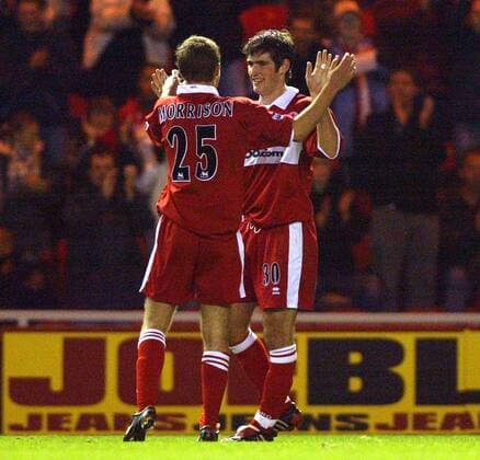 Daniel Graham (re.) und James Morrison (beide Middlesbrough) - Torjubel Fußball Herren Carling Cup 2004 2005, Englischer Ligapokal, FC Middlesbrough, Vdig Gruppe Middlesbrough Freude,