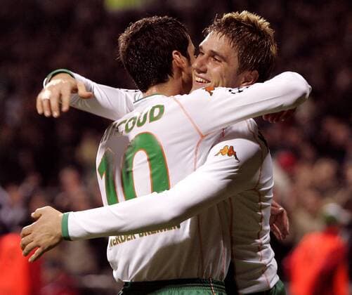 Ivan Klasnic (re.) und Johan Micoud (beide Bremen) - Torjubel Fußball EC 1 Herren Champions League 2004 2005, SV Werder Bremen Gruppe Bremen Freude,