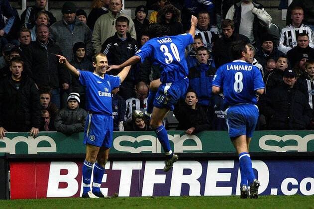 Torjubel Chelsea, v.li.: Arjen Robben, Tiago und Frank Lampard Fußball Herren Carling Cup 2004 2005, Englischer Ligapokal, Chelsea FC London, Vdig Gruppe Newcastle Freude,