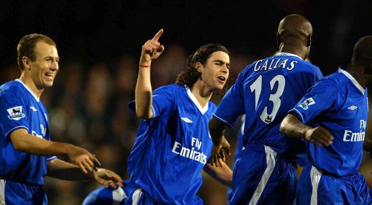 Torjubel Chelsea, v.li.: Arjen Robben, Tiago und Gallas Fußball 1. BL Herren English Premier League 2003 2004, 1. Englische Liga, Chelsea FC London, Vdig Gruppe London Freude,