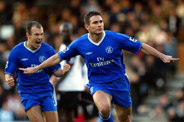 Frank Lampard (re.) und Arjen Robben (beide Chelsea) - Torjubel Fußball 1. BL Herren English Premier League 2003 2004, 1. Englische Liga, Chelsea FC London, Vdig Gruppe London Freude,