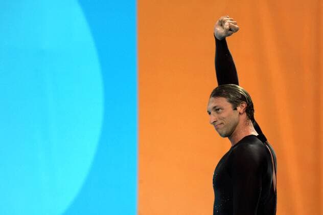 Ian Thorpe (Australien) - Siegesjubel Schwimmen OS Sommer Herren Olympische Sommerspiele 2004, Olympia, Olympiade, Spiele, Athen, Schwimmsport Einzelbild pan6823 Maroussi Freude,  