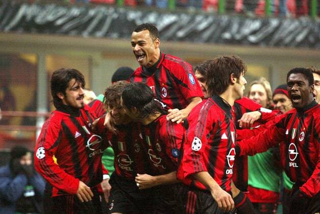Torjubel Milan, v. li.: Gennaro Gattuso, Crespo, Cafu, Alessandro Nesta, Costa und Clarence Seedorf Fußball EC 1 Herren Champions League 2004 2005, AC Mailand Gruppe Mailand Freude,