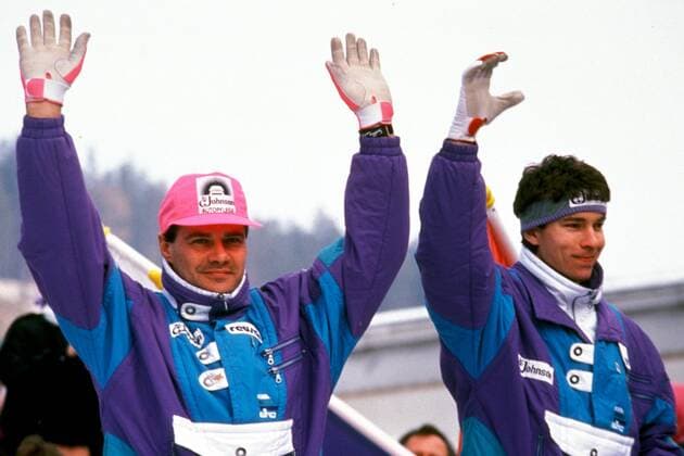 Pilot Wolfgang Hoppe (li.) und Rene Hannemann (beide Deutschland) lassen sich feiern Bobsport Herren Weltcup 1991 1992, Welt-Cup, Worldcup, World, WC, Zweierbob, 2er Bob, 2 er, Zweier, Vdia Gruppe Freude,